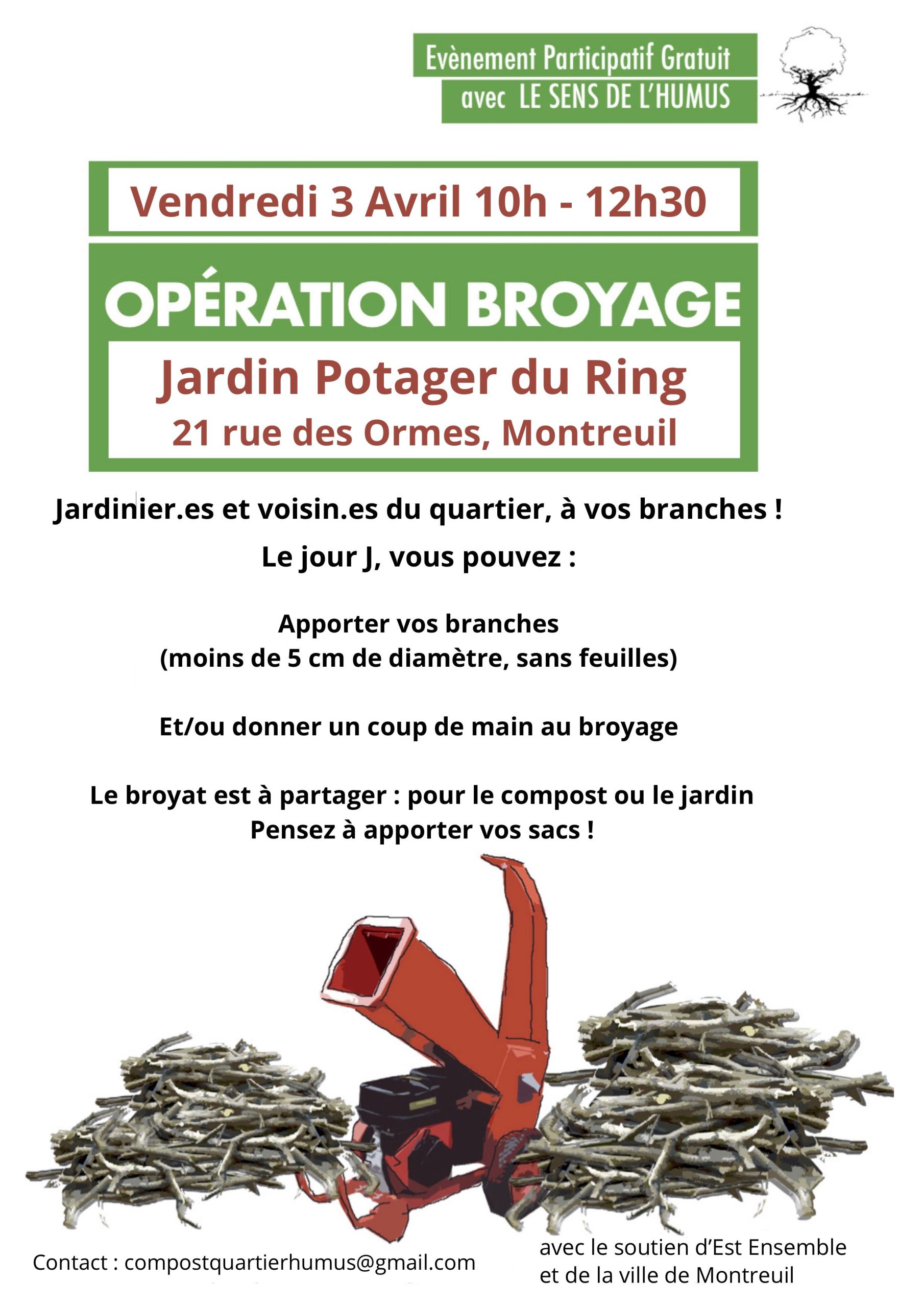 Opération participative de broyage de branchages au Potager du Ring, à Montreuil