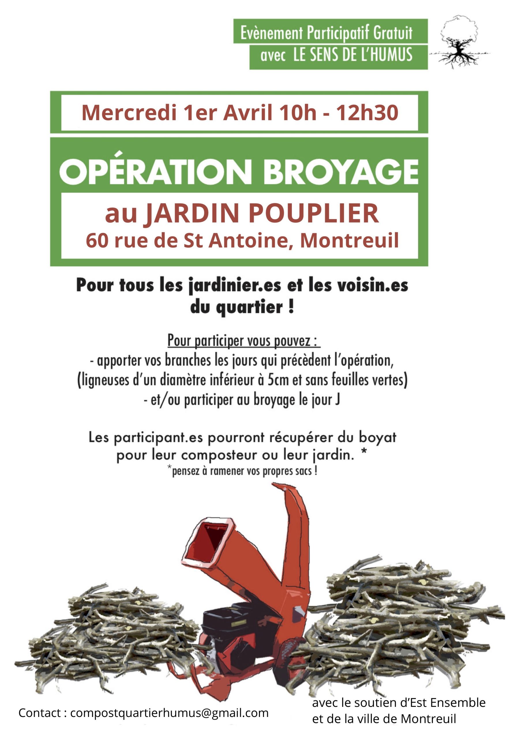 Opération participative de broyage de branchages au Jardin Pouplier, à Montreuil