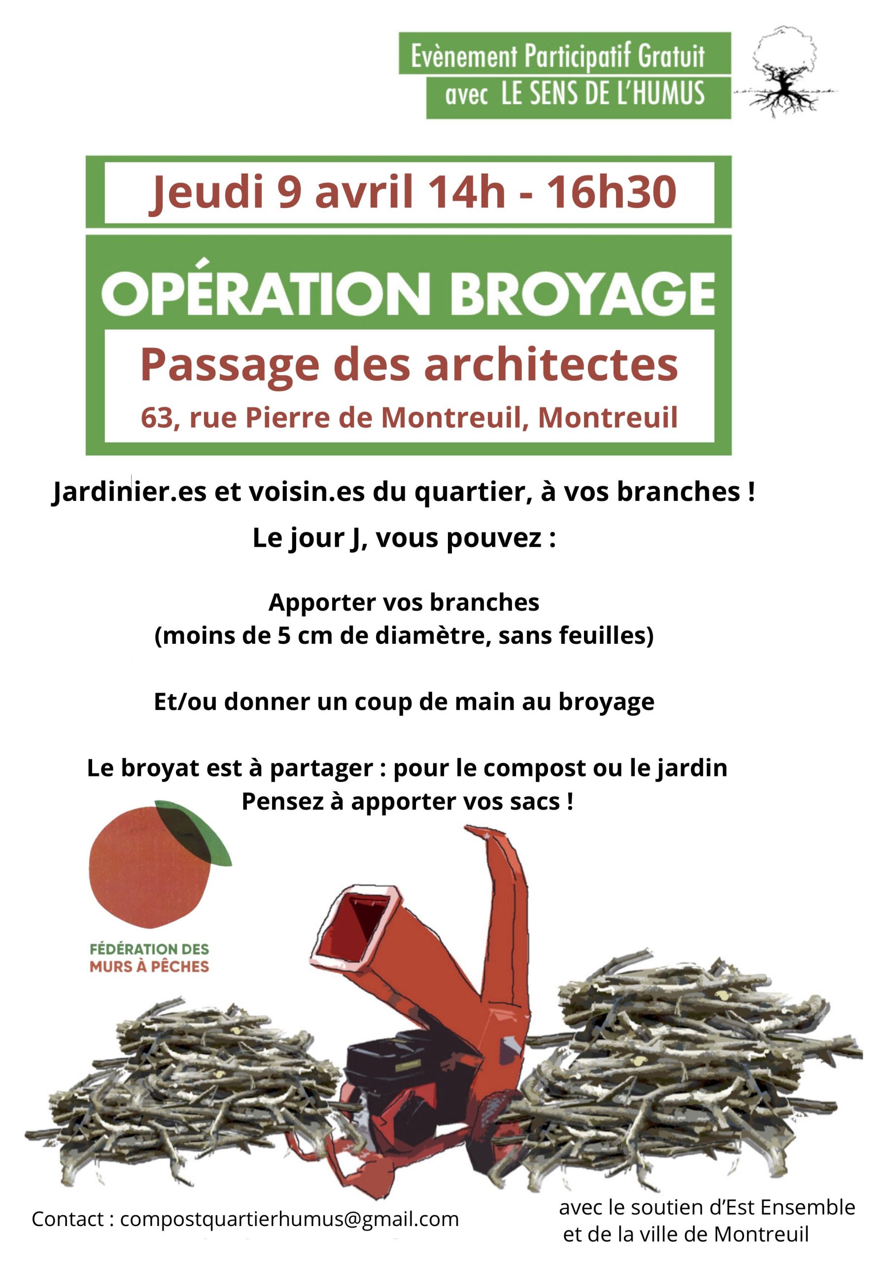 Opération participative de broyage de branchages dans le Passage des architectes, à Montreuil
